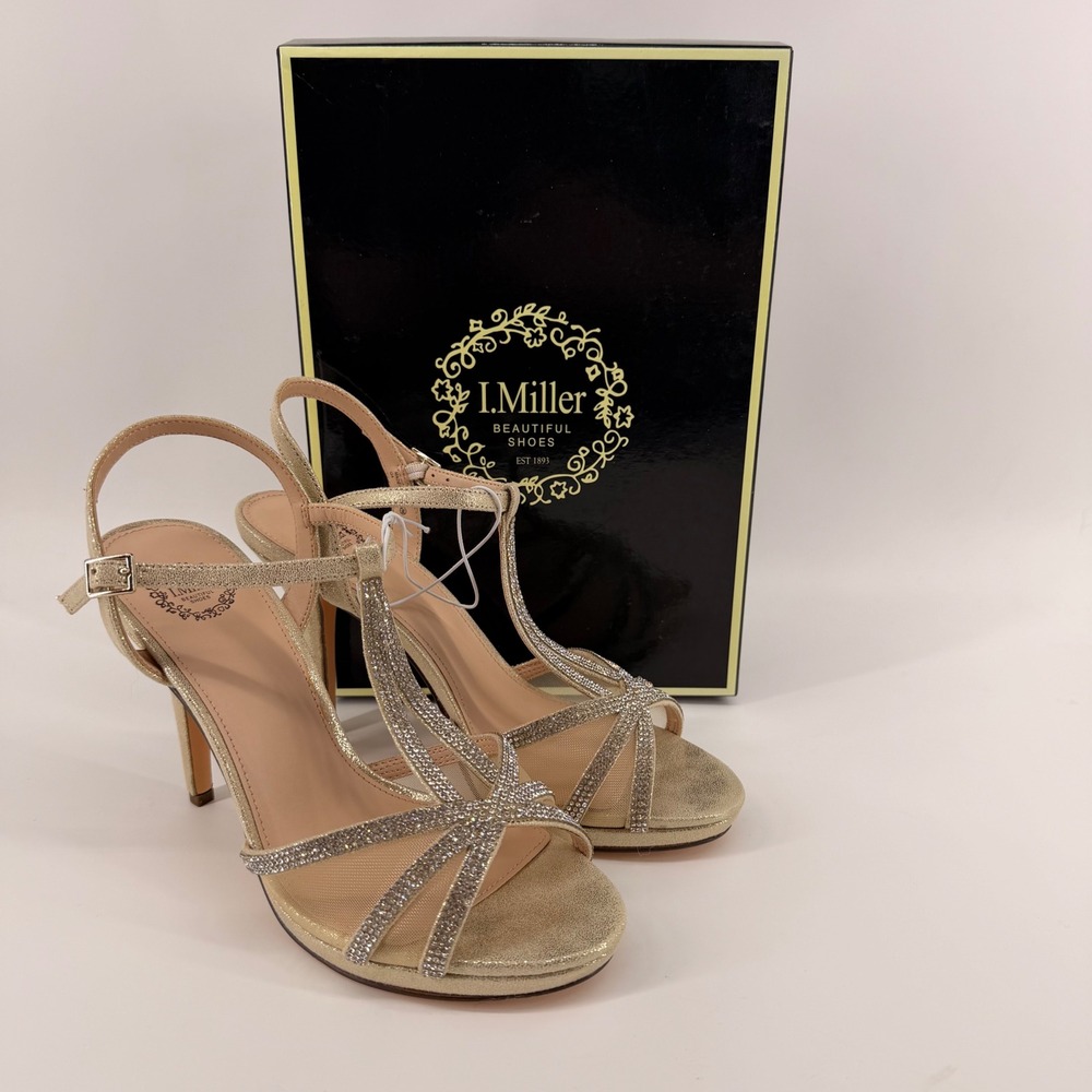 I. Miller Sandals Womens 8.5 Gold Ramona-YF T-Strap Rhinestone Stiletto Heels